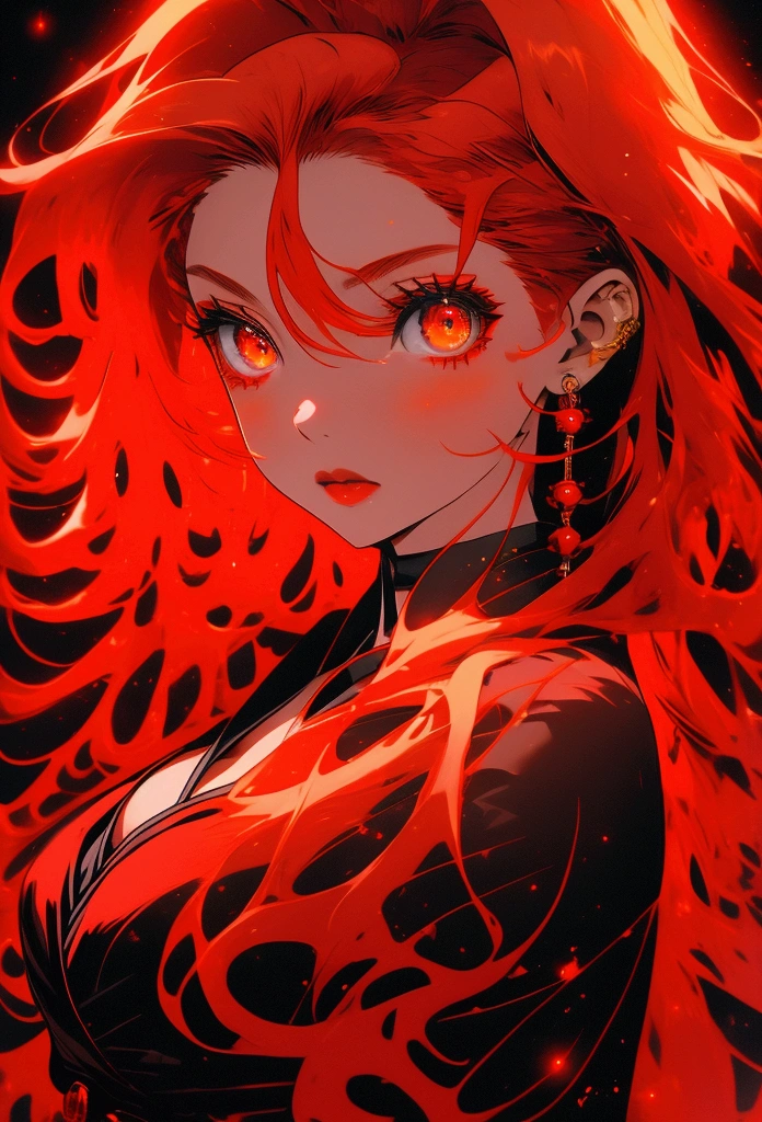 Create a beautiful red night with a red moon, red hair, yellow eyes, young beautiful japanese girl, cleavage, busty,