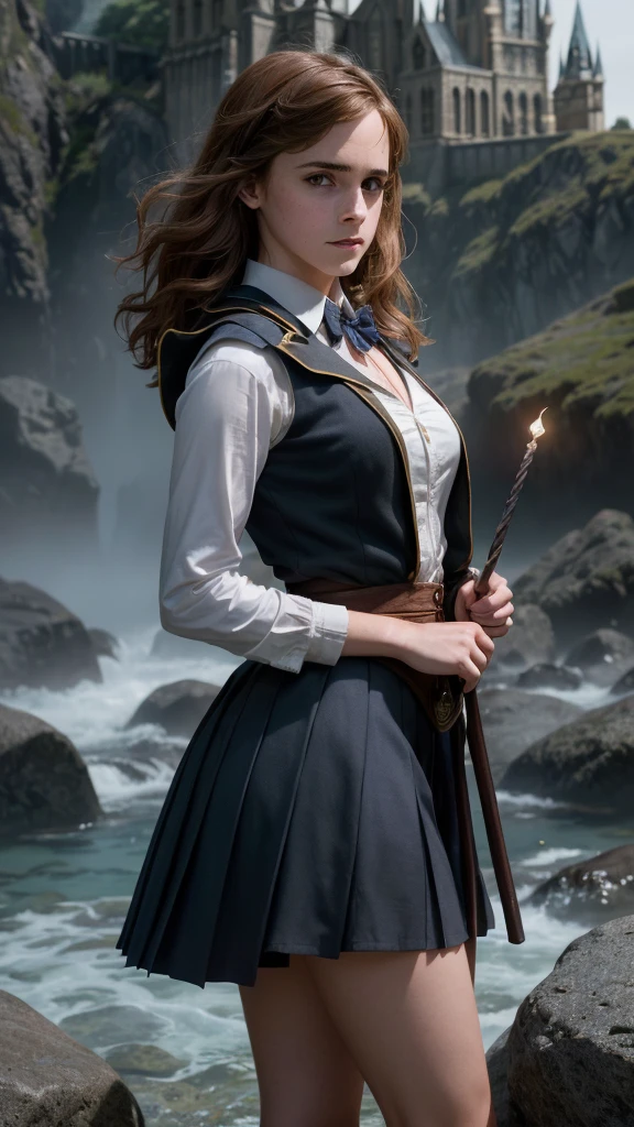An illustrated movie poster, hand-drawn, full color,(Emma Watson:V2.1 ),( a teenage Hogwarts student:1.4) ,(Camisa blanca corbata y chaleco) , (falda student corto plomo :1.4), (hogwarts school uniform:1.4), 18-years-old, female, wearing a charcoal vest and a pleated skirt, athletic hourglass figure, full wide hips, massive round butt, long shapely legs, ridiculously thick powerful thighs, vibrant eyes, deep dark auburn hair, thick shaggy bangs, flushed sun-kissed complexion, freckles, resembles Genevieve O'Reilly, standing in a foggy Hogwarts courtyard, surrounded by mist, graphite shading, stencil marks, airbrushed acrylic paint, masterpiece, close-up shot, in the style of the Deathly Hallows, high quality, (RAW photo, best quality), (realistic, photorealistic: 1.4), (extremely delicate and beautiful: 1.4), amazing, fine details, masterpiece, ultra detailed, high resolution, best illustration, best shadow, intricate, ( extremely intricate: 1.2), (exquisitely detailed skin), cinematic light, perfect anatomy, (cool color: 1.4), sharp focus, 8k UHD, DSLR, (Fujifilm XT3),(iluminación cinematográfica :1.4),( Hermione Granger:1.4), (Emma Watson: V2.1), (ojos de Emma Watson:1.5), (hogwarts school uniform:V2.1),( pose americano :1.4), (estilo cinematográfico :1.4), (efectos cinematográfico :1.4), (colores cinematográfico), (beautiful landscape with colorful sea rocks, magical lighting, detailed hard ttiti, and boob milk:1.4 ), (partículas flotantes, agua mágica:1.4)