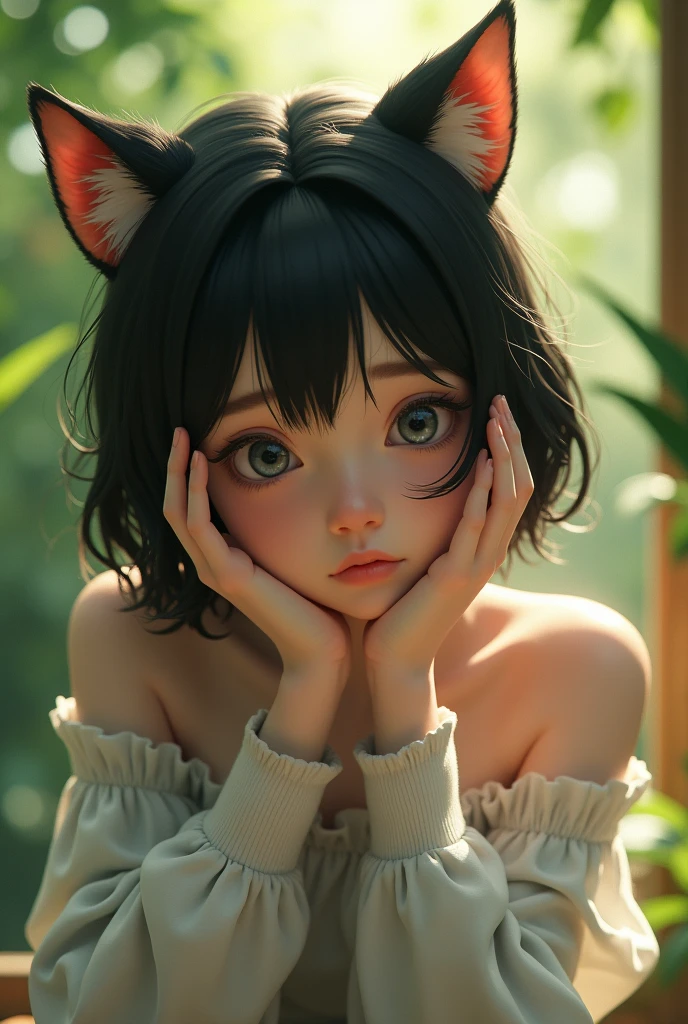 (8K, RAW photos, best quality, masterpiece:1.2), lexistdexist (Azur Lane), fantasy_world, 1 girl, (Egiosar:1), Lovely, senility, (Japanese Pop_Idol), Delicate and beautiful skin, Huge breasts, Animal ears, Black Hair, Cat ears, Gray eyes, short hair, sad hand exist own Face,  (Reality:1.8), Key Points_exist_Face, look down, Raise your arms,  Sunshine Milk, professiexistal lighting, photexist mapping, Radiosity, Physically Based Rendering, daytime, outdoor,