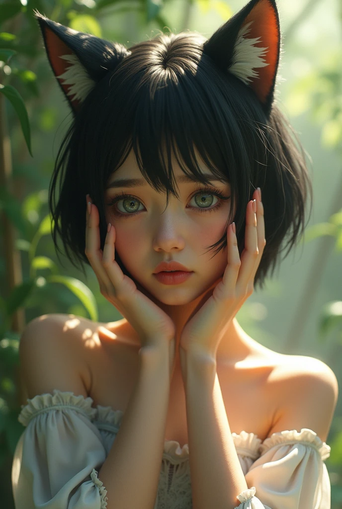 (8K, RAW photos, best quality, masterpiece:1.2), lexistdexist (Azur Lane), fantasy_world, 1 girl, (Egiosar:1), Lovely, senility, (Japanese Pop_Idol), Delicate and beautiful skin, Huge breasts, Animal ears, Black Hair, Cat ears, Gray eyes, short hair, sad hand exist own Face,  (Reality:1.8), Key Points_exist_Face, look down, Raise your arms,  Sunshine Milk, professiexistal lighting, photexist mapping, Radiosity, Physically Based Rendering, daytime, outdoor,