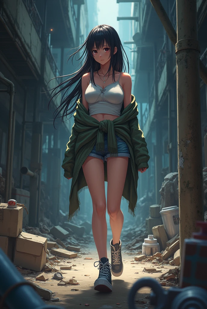 ((wide shot:1.6)), Unreal Engine:1.4, Ultra Realistic CG K, Photorealistic:1.4, Skin Texture:1.4, ((artwork 1 young woman full body:1.5)), ((black hair , green eyes, full lips and a sensual smile:1.5)), punk-style hairstyle with a shaved side:1.3, tattoos, Gatling gun, box, looking at viewer, dynamic pose, blows, ammunition belt, gloves, large breasts, Shooting, Extremely detailed:1.4, more detailed, optical mix, playful patterns, animated texture, unique visual effect, pink leather miniskirt, pink jacket, masterpiece, in the background an abandoned place with scrap metal, ((colors, cyan, green, pink, brown: 1.2)), ((8k realistic digital art.)), 32k