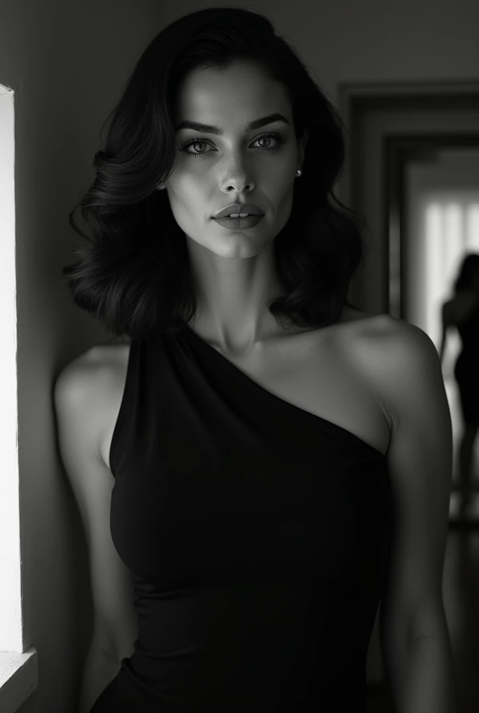 Create a captivating, noir-style portrait of a confident woman with wavy black hair and striking facial features. The image should be in grayscale, highlighting the contrast between light and shadow to create a dramatic effect. The woman should be dressed in a sleek, form-fitting black dress, with her figure partially visible in the background as a smaller reflection or a second focus. Emphasize her full lips, intense gaze, and well-defined eyebrows. The overall mood should be mysterious, elegant, and powerful, with a sense of timeless beauty.