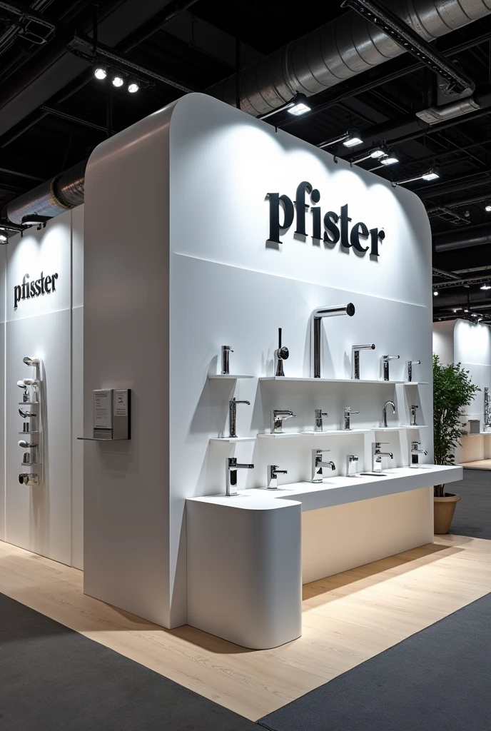 Pfister brand trade show stand with various taps on display and a minimalist style 