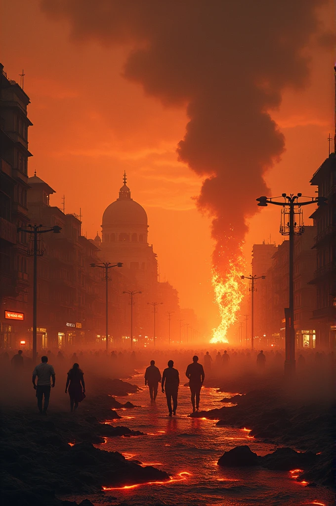 Mumbai flooded with lava and its raining , smoky at night
