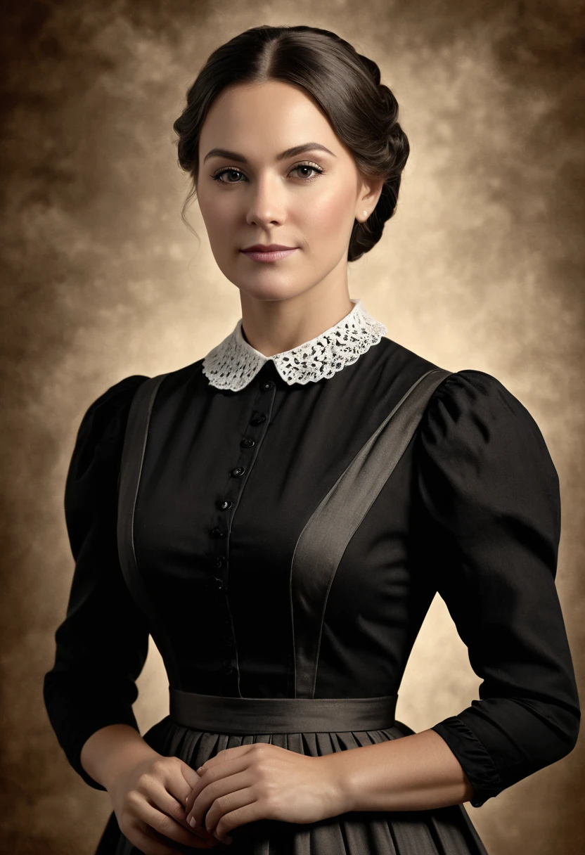 1870s american midwest countryside school teacher portrait, modest black dress, monochrome, retro, sepia tone, deep shadows, (best quality,4k,8k,highres,masterpiece:1.2),ultra-detailed,(realistic,photorealistic,photo-realistic:1.37),HDR,UHD,studio lighting,ultra-fine painting,sharp focus,physically-based rendering,extreme detail description,professional,vivid colors,bokeh,portrait,photography