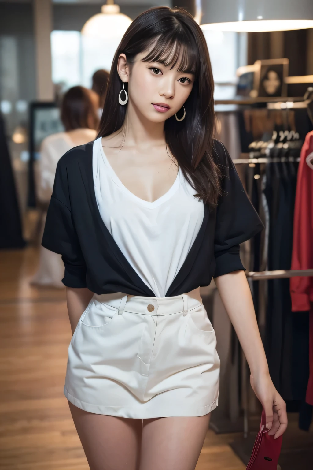 (Highest quality:1.4),(masterpiece:1.4),(Realistic:1.4),(Realistic:1.2),(超High resolution, RAW Photos:1.4),(High resolution, Very detailed:1.2),(8k:1.2),View your audience,Cinematography,One person,skeletally correct,Black-haired woman,Woman in her early 20s,(Small earrings),Grid Girls、Beautiful clavicle