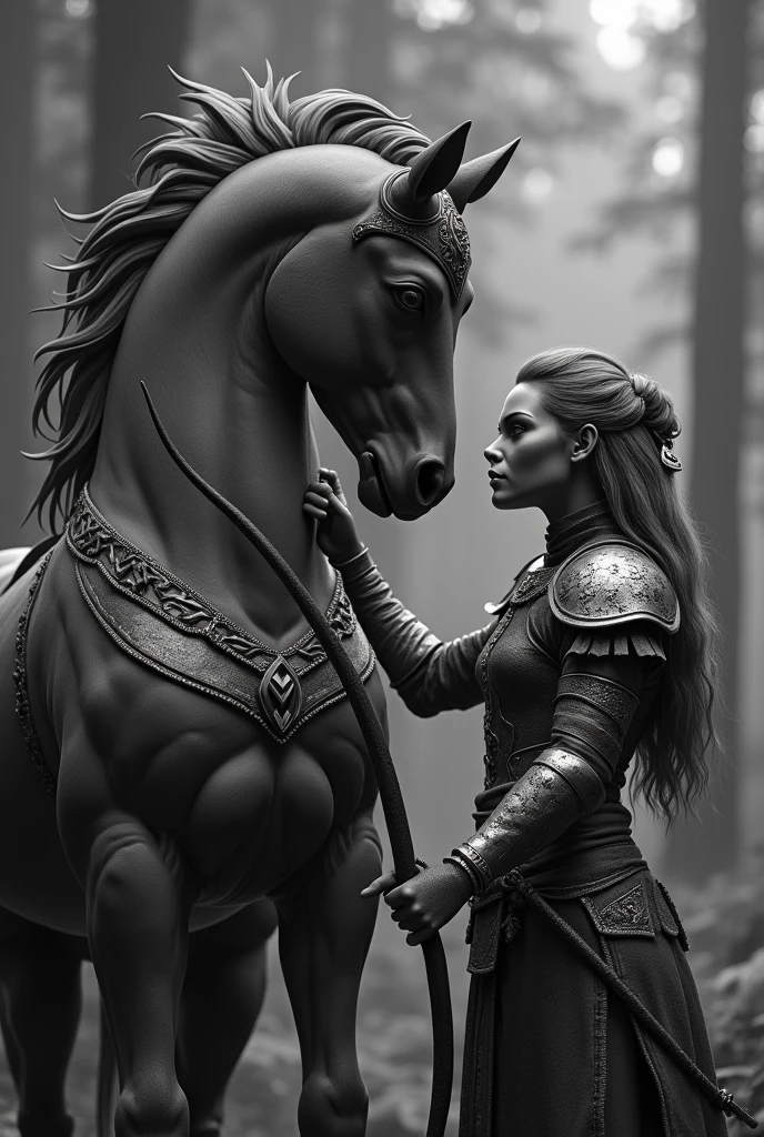 a black and white photo of a woman unite a horse with a bow, from pathfinder, centaur horse, sculpted in zbrush, north female warrior, female forest archer, female archer, character sculpt, drow ranger, a centaur, tiefling from d & d, north adult female warrior, centaur, render of mirabel madrigal