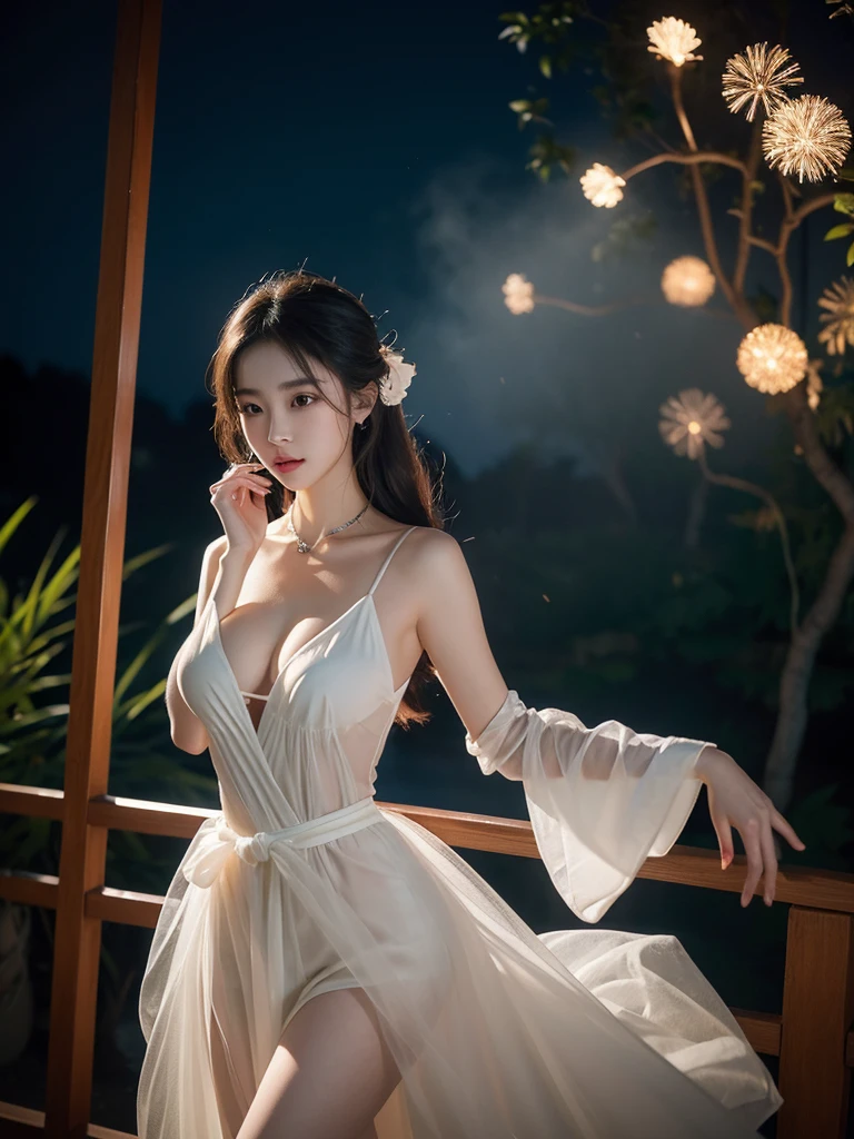 Romantic rose dress 2, Deep in Wonderland,The moonlight falls like water,foggy room,The figure of the heroine is vaguely visible,Just like the fairy in the painting,Slender sexy legs,Very beautiful legs,Exposing sexy,Large Breasts,Beautiful with a hint of mystery。Her face is beautiful and delicate,Like finely carved jade,Showing otherworldly beauty。picturesque eyebrows,The waves in my eyes are like twinkling stars,Show the light of perseverance and wisdom。The bridge of the nose is straight,Lip color like cherry,The slightly raised corners of the mouth reveal confidence and calmness。Her face is chiseled,Skin as fair as jade,Reveal a healthy glow,like a fairy, She never eats fireworks in this world。Her makeup is light and delicate,Not too much embellishment,But enough to show her temperament and charm。Light-colored foundation brings out the transparency of the skin,A light eyebrow pencil outlines her perfect eyebrow shape,Eye makeup is eye shadow and eyeliner,Make her eyes brighter and more energetic。嘴唇涂上elegant的口红,Adds a bit of charm and sophistication。她白色透明的衣服elegant别致,clothes flying,It seems like it will be blown up by the wind at any time,drifting into the distance。既不失elegant,Also showed off her extraordinary skills。A wide belt is tied around the waist,There is a crystal clear jade pendant hanging on it,Swinging with her movements。Her hair is tied back casually,Protect it with Hostas,A few strands of hair are fluttering gently in the wind,Adds a bit of softness。Her figure is looming in the fairyland,宛如一道Large Breasts Beautiful的风景线,Attracted everyone's concern。She seems to be a fairy in wonderland,Large Breasts Beautiful、elegant、mystery、and full of power。8k,beautiful hands,Like a fairy’s flawless and natural fingers。