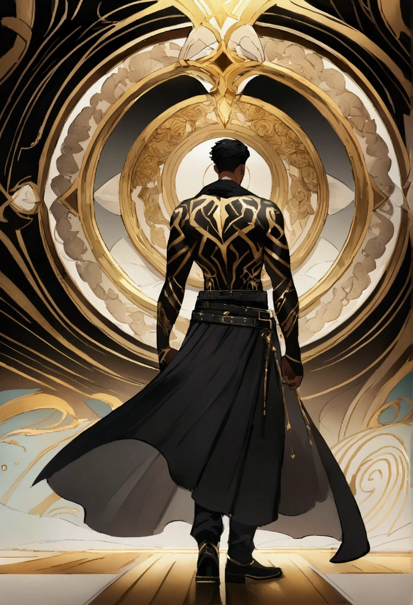 (work of art:1.2), (best qualityer), (ultra detaild), (8k, 4K, Intricate),(full body shot shot:1), (highy detailed:1.2),(detailed back ground:1.2), black half white mixed race man in rogue costume, high détail, 3, Luster, fade haircut , 8k, mystic, magical, ultra HD, realisitic, bright coloured, He is wearing a white overcoat and is shirtless underneath.. His pants are pure white with a black cape over his right leg connected to one of his two belts.. His shoes are a shiny gold hue and large tattoos decorate much of his body.., including the back, 가슴, and forearms.
highy detailed, UHD design
