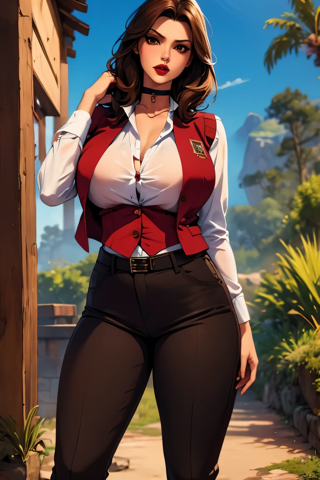 The woman, (((shirt, shirt, vest, best, pants))), Boots, Cuba in the background, jungle, Very detailed, Realistic long-term photography, 4k, by the wide, brown hair, By the chestnut, Red lips, choker, shocks, sexy,red lips, brown eyes, big breasts, big breasts, breasts, Lucia Auditore