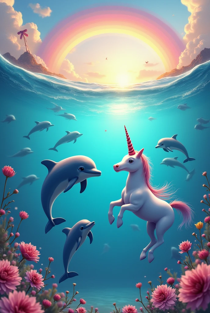 Image with dolphins and a unicorn in the ocean with a rainbow background and lots of candy and colors 
