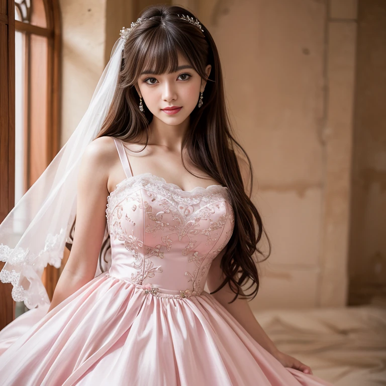 laughing out loud,(knee shot), 1 girl, light brown hair, blunt bangs, hair behind ears, Hair over the shoulders, long hair, Slender body type, Super thin face, face slimming, delicate lips, beautiful eyes, Thin blush, Eyes are light brown,Check it out here, (realistic:1.3), 8k, , Super detailed, high quality, best quality, High resolution,Wear pink wedding dress,Wear a big dress,wear princess dress,Wear a wedding dress,fairy princess dress,in the castle,Wedding ceremony,gauze dress,Wedding dresses,,大gauze dress,tutu dress,