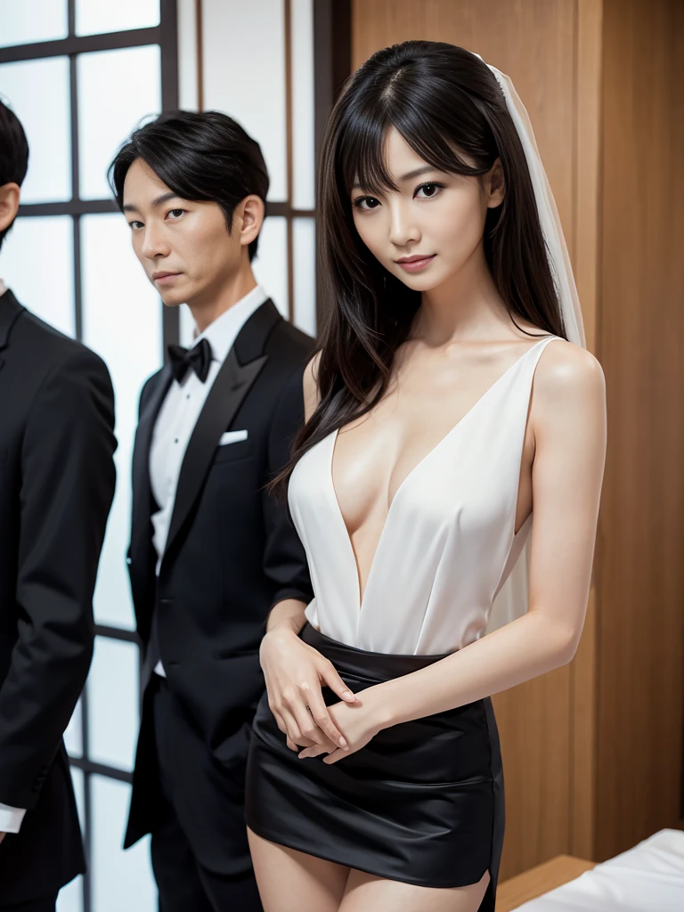 wedding, skirt, Black formal wear, whole body, Small breasts, slender, 40 year old Japanese, woman, Beautiful face, Are thin, office, Highest quality, Ultra-high resolution, (realism: 1.4), Depth of written boundary, Beautiful Face, (Purelos Face_v1: 0.8), Two people,Natural Makeup,