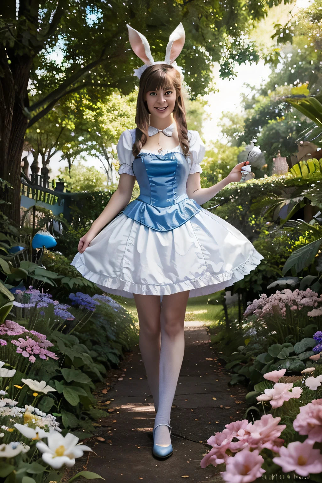 Here’s a refined prompt for creating an image inspired by "Alice in Wonderland":
**Prompt:**
Create an imaginative scene from "Alice in Wonderland," featuring Alice in her classic attire—a blue dress with a white apron. She is surrounded by the whimsical and surreal elements of Wonderland: a giant mushroom, a grinning Cheshire Cat perched on a branch, and a White Rabbit holding a pocket watch. The background is filled with vibrant colors, strange plants, and a winding path that leads to unknown adventures. The atmosphere should be magical, curious, and full of wonder, capturing the essence of a fantastical journey through a dreamlike world.