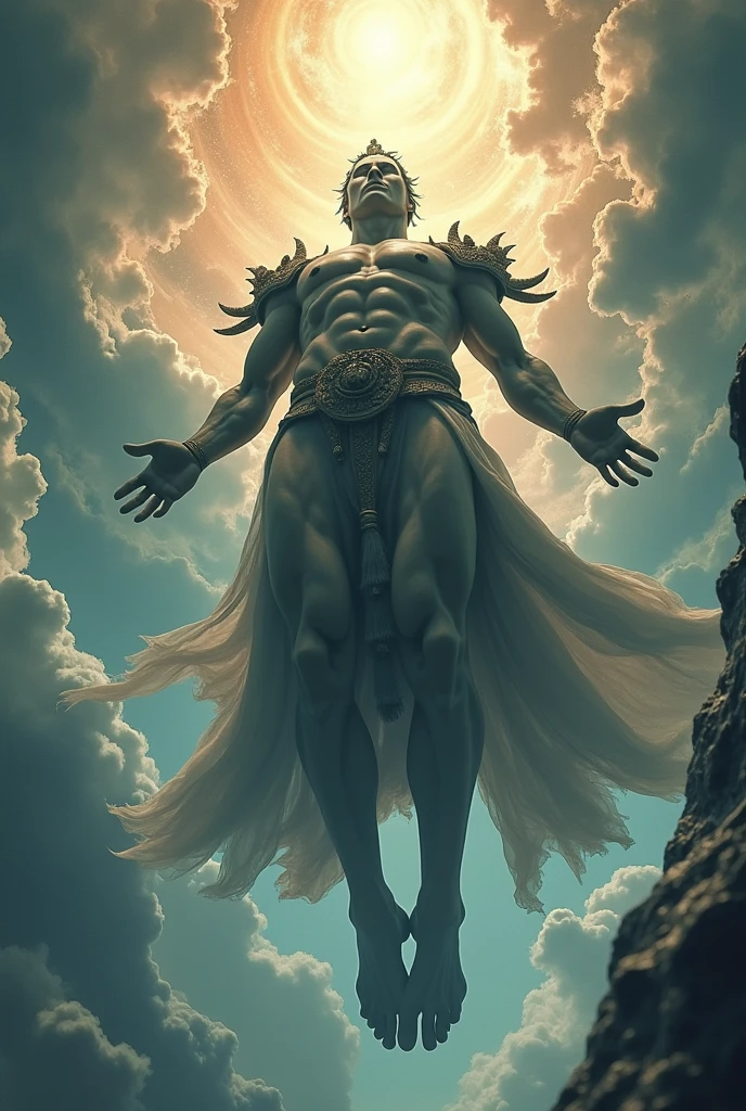 A giant male god from Japanese mythology falling from the sky, face up and with his legs spread apart　A composition looking up from directly below