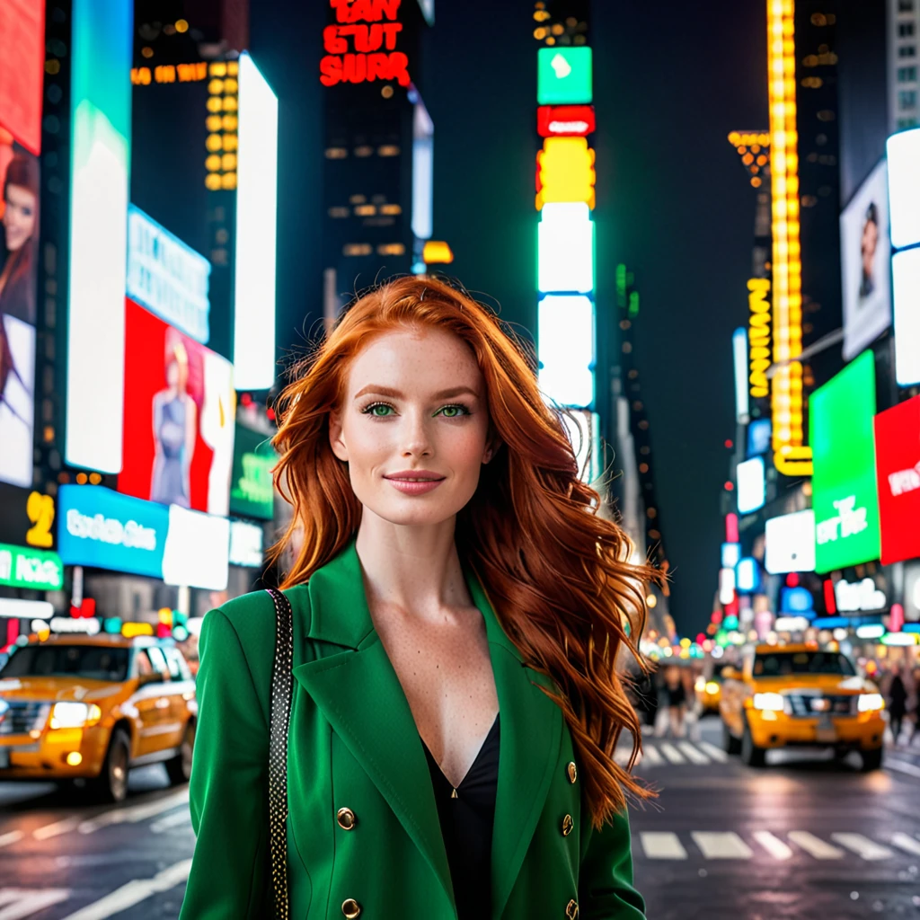 "Create an image of a stunning red-haired model standing confidently in front of a famous tourist destination. The model has long, flowing red hair that catches the light, with expressive green eyes and a radiant smile. She's dressed in a stylish, modern outfit that complements her vibrant hair color. The background showcases a well-known cityscape, Times Square in New York, bustling with activity and illuminated by city lights. The scene should have a lively, energetic atmosphere, highlighting the contrast between the model's beauty and the iconic urban setting."