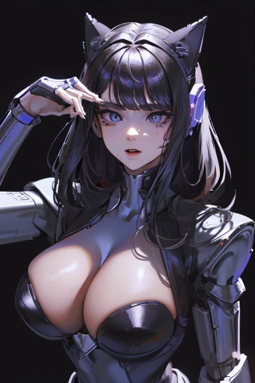 (masterpiece),(Highest quality),(Super detailed),(Best illustrations),(Best Shadow),(Absurd),(Detailed Background),(so beautiful), 16K, 8K, 4K,(Best Shadow),empty eyes,robotization,woman ,big bust,Robot Joint ,Metal skin,Black Suit,long hair,a black suit that covers the whole body,robot hand,cyber bodysuit,metal cat ear
