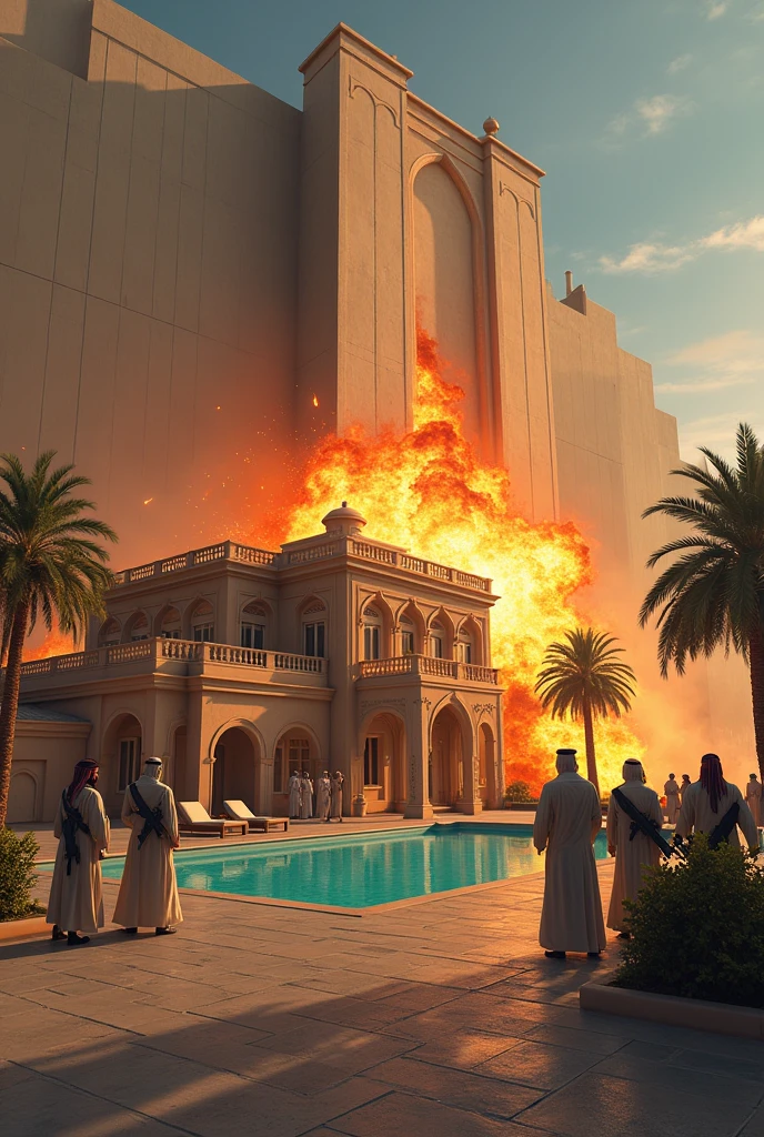 Luxury mansion in Saudi Arabia in Nirage and has an explosion, " there is a wall in.back and many armed Arab men,  swimpool 