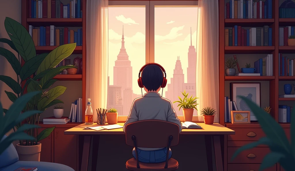 Create an image featuring a character sitting at a desk with headphones on, in a cozy room with warm lighting. The room should have elements such as books, decorations, and a window showing either a cityscape or nature.

The atmosphere should be calm and inviting, suitable for studying or relaxing. Include soft shadows to enhance the warmth of the scene."