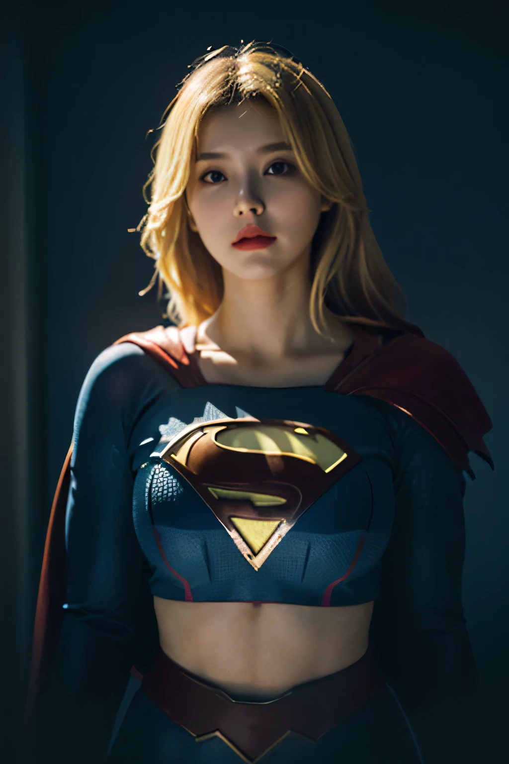 best qualityer, work of art,ultra-high resolution, (Realisticity:1.4), OriginalPhoto, cinematic lighting, 1 blonde european girl big tits, dressed as supergirl, cosplay, Tyndall effect, light and ombre, ombre.