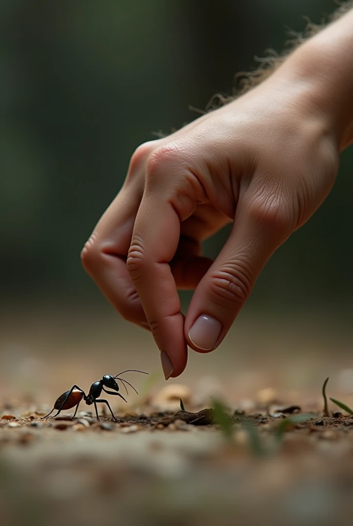 A hand reaching out to pull an ant