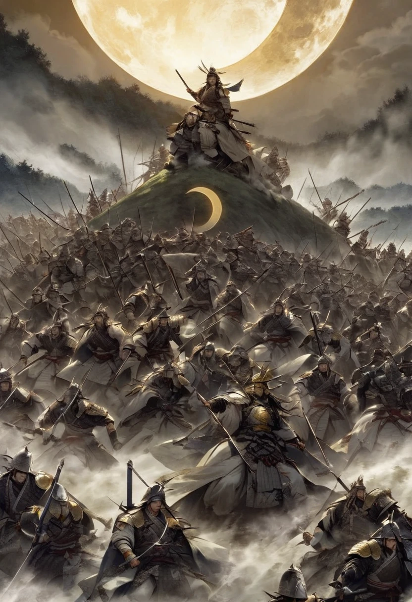 A climactic scene on a fog-covered battlefield during the Sengoku period, where a once overwhelmed samurai army suddenly gains the upper hand. The central figure, a one-eyed samurai leader, stands tall and resolute on a hill, his kabuto helmet adorned with a golden crescent moon glinting in the pale light. His forces, previously on the brink of defeat, now surge forward with unstoppable momentum, driving the enemy into disarray. The scene captures the moment of reversal, with the enemy troops scattering in panic as the leader’s strategy turns the tide of battle."