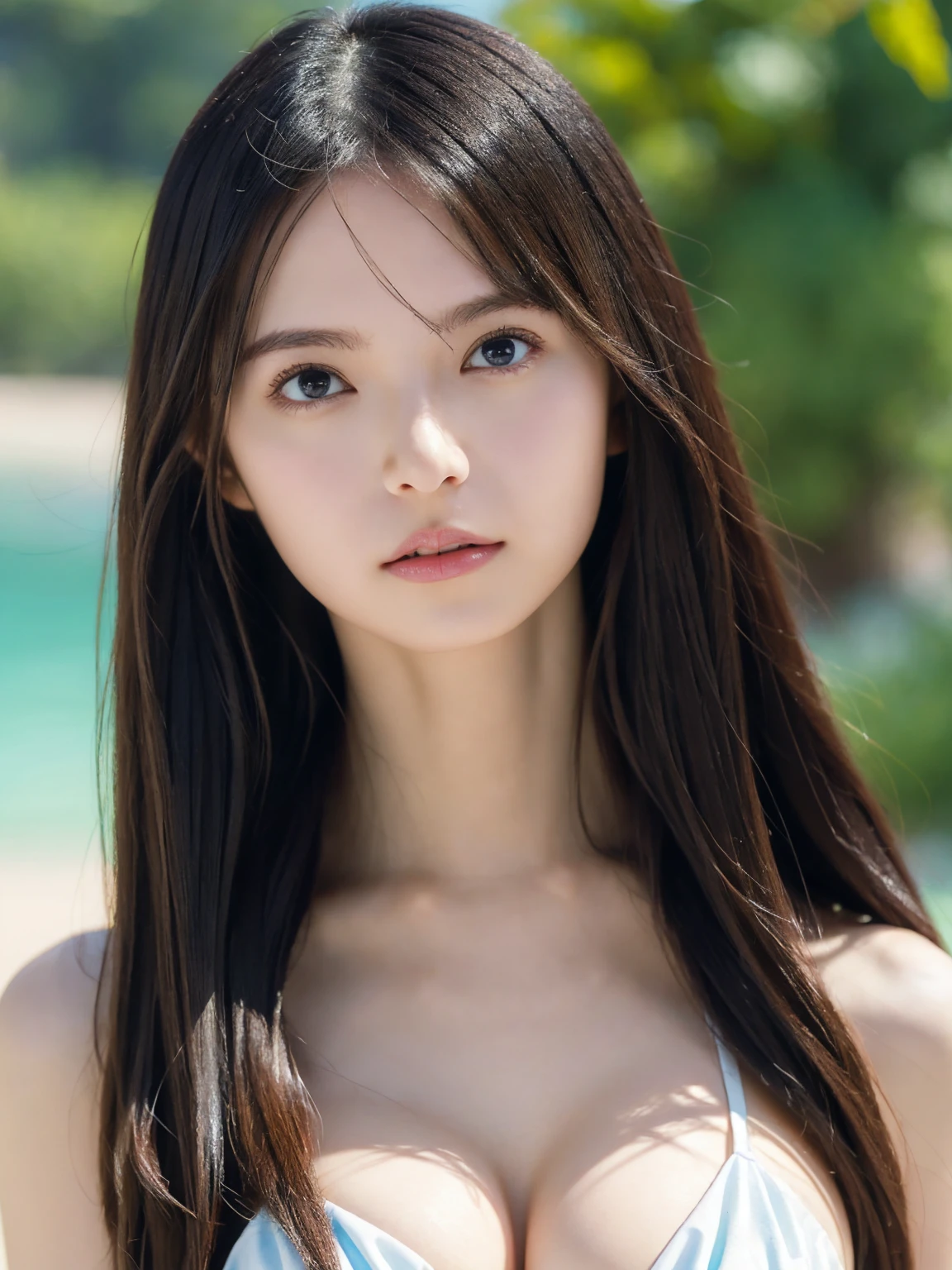 （lifelike， high - resolution：1.3）， 1 girl with a perfect body， Super fine face and eyes，slong hair， Micro bikini：1.2， potrait， big breast，Expose cleavage, double eyelid.