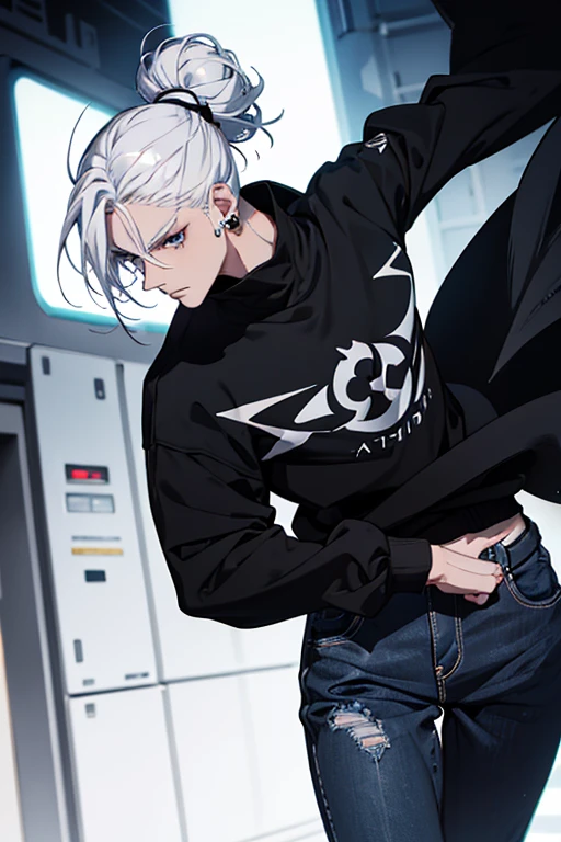 Anime man gradient young white hair short shaved sides flip hair bun to left side in middle serious face with black earrings black sweatshirt speed jeans futuristic clothes black dark circles big black hair big brown hair extremely futuristic clothes futuristic clothes futuristic sweatshirt skinny jeans black men's cloak .Sasuke The Last.
