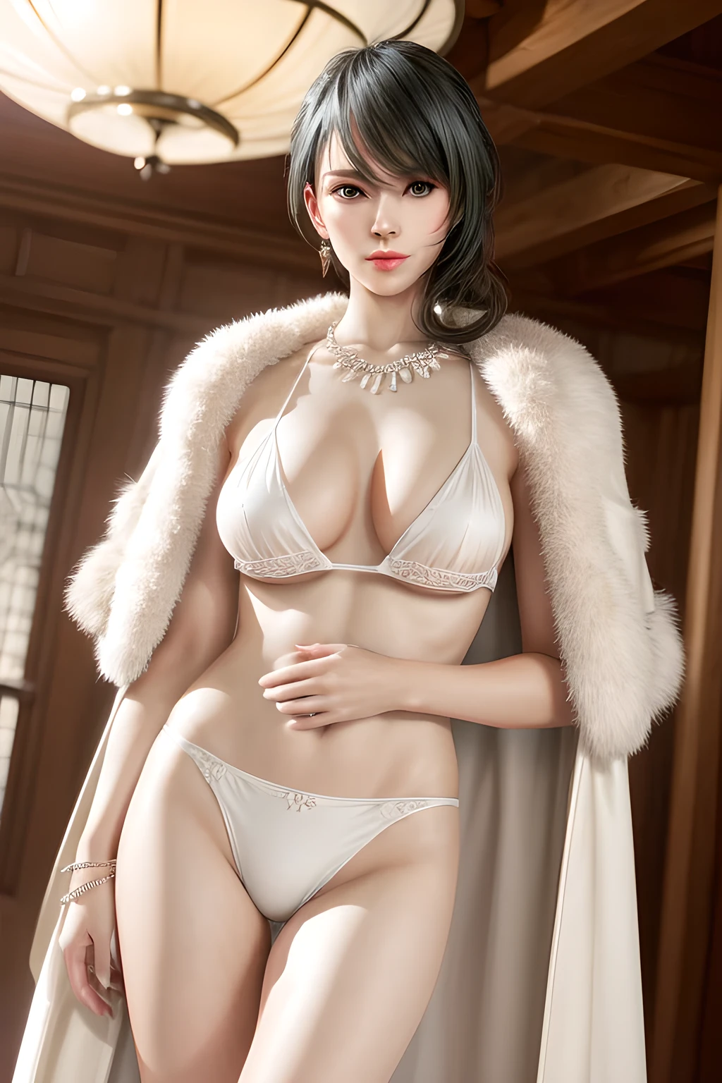 A lady with extraordinary temperament, she stands in a modern indoor space, as if she is a model from a fashion magazine. She is wearing a (pure white long fur cape), the softness and luster of which makes her look more noble under the light, and complements her (beige bikini) underneath, showing her gentle temperament while maintaining a sense of fashion. The style of the dress is simple and generous, a perfect match, and it lengthens her figure, making her tall and charming. The lady's makeup is delicate and elegant, which just highlights her facial features and makes people unforgettable at first sight. Although the earrings and necklace she wears are not ostentatious, they add a bit of sophistication and nobility to her overall look. Her hair is casually draped over her shoulders, and every strand of hair exudes a natural luster,, (best quality,8k,highres,masterpiece:1.2),ultra-detailed,(realistic,photorealistic,photo-realistic:1.37),studio lighting,ultra-fine painting,sharp focus,physically-based rendering,extreme detail description,professional,vivid colors