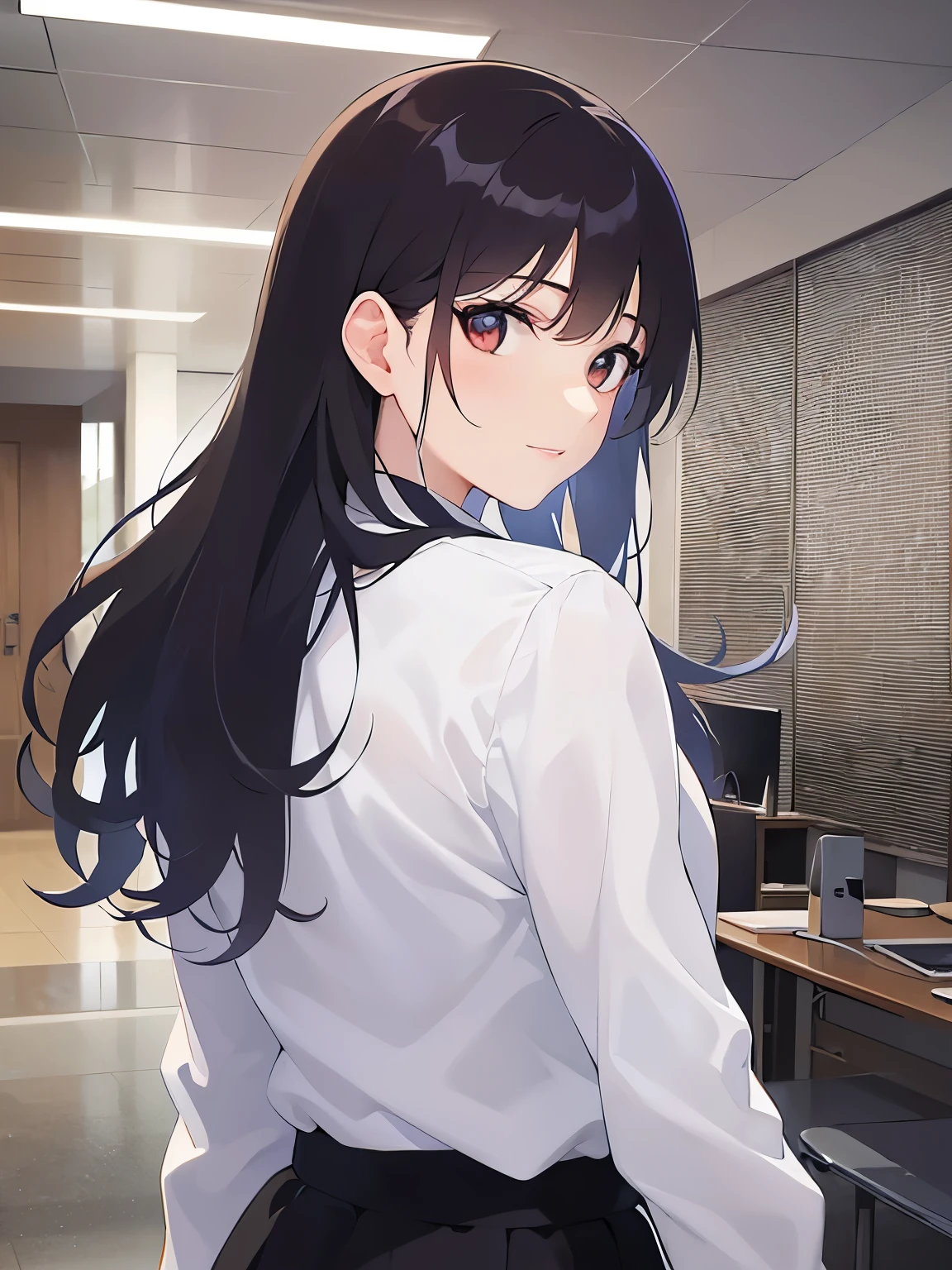 (looking at viewer:1.5),Upper Body, Shooting from behind、
Realistic, real person, (pale skin: 1.2), RAW photo, photorealistic, shiny skin, shiny hair、
(A 2 woman with medium-length hair and bangs) and (wavy hair) and (brown hair) and (orange eyes) ,
(white collared shirts)
smile,
office、(alone:1.5)