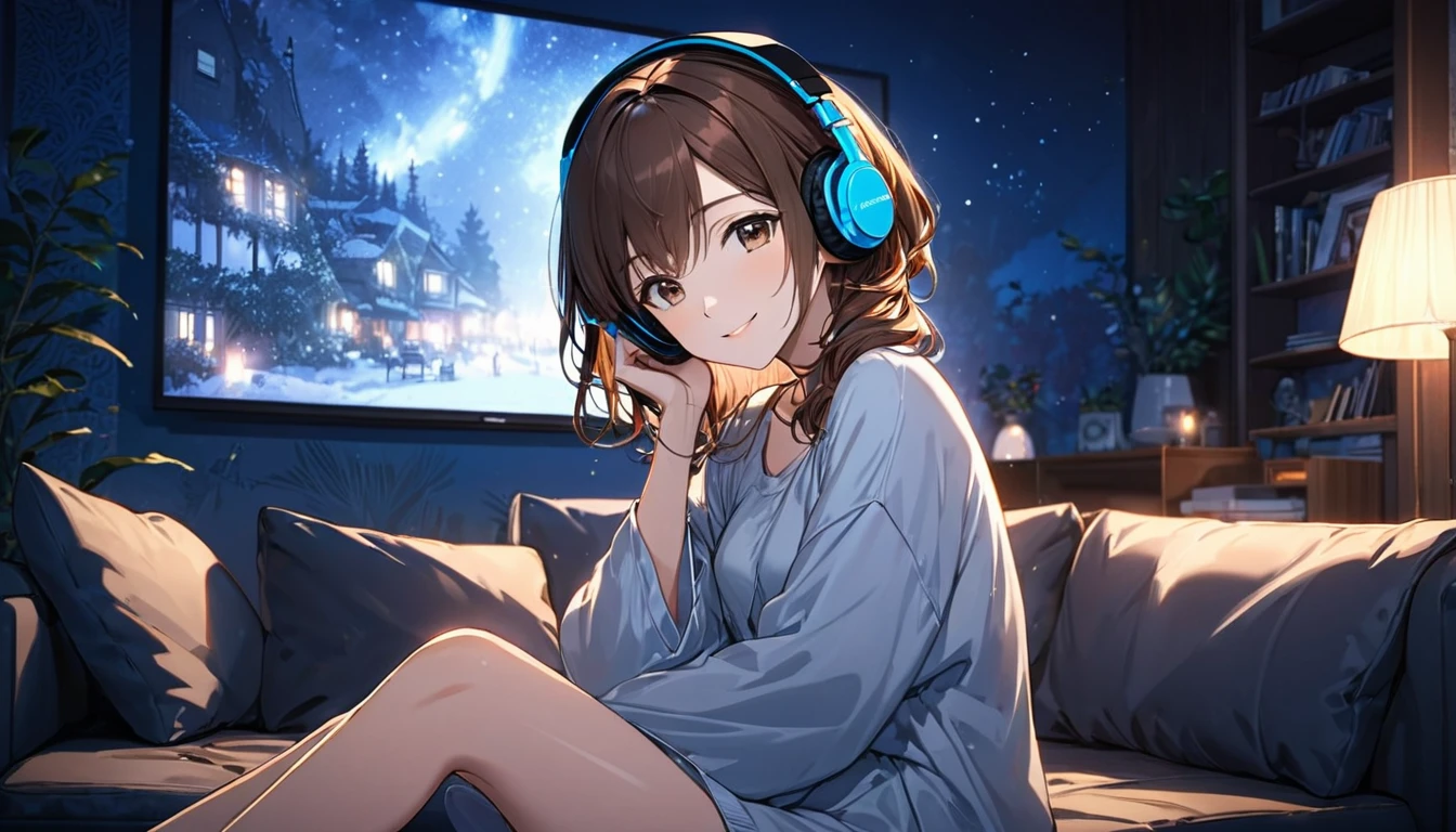 (Brown haired woman wearing headphones), (Relaxing in the dark living room listening to background music), (Very detailed, masterpiece, Highest quality, bright), (Anime Style)
background: Living room with low lighting: Gentle smiling costume: Relaxing Homewear Poses: Sitting on the sofa、Relaxing with knees hugged: A moment surrounded by the silence of the night and pleasant music
