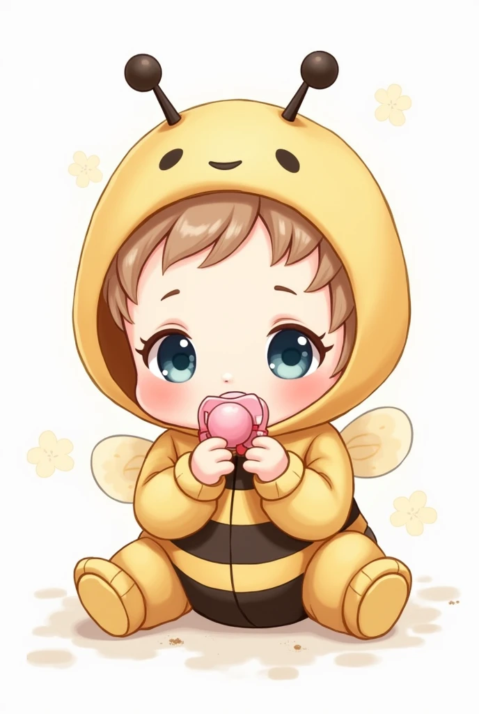 Little baby sitting in bee clothes with pink pacifier, Whole body, blue eyes, light brown hair and little in drawing