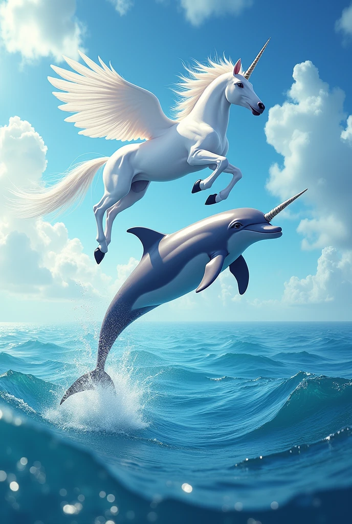 Dolphin in the sea jumping and a unicorn flying
