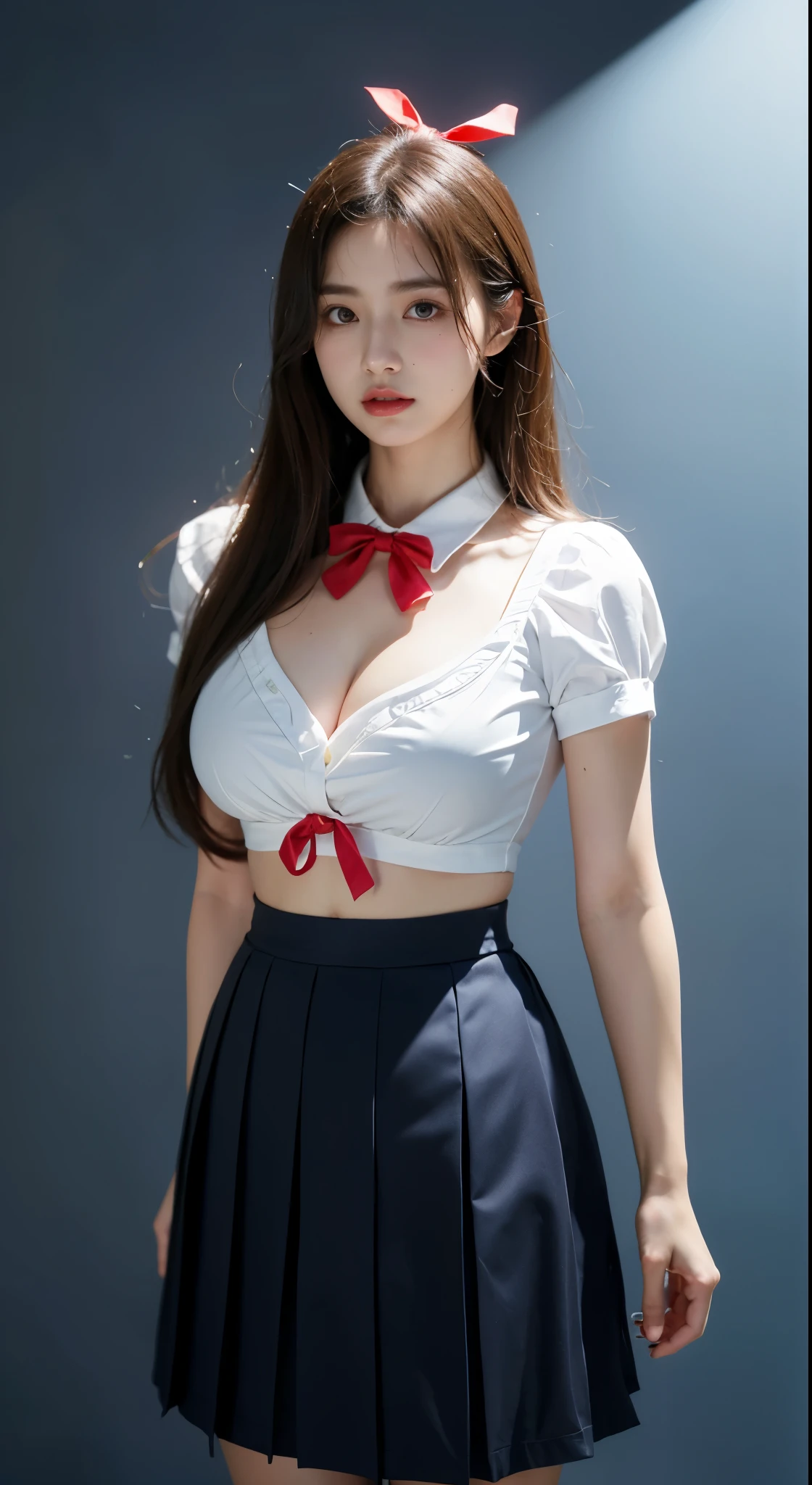 (Highest quality、Tabletop、、Best image quality、Award-winning works)、Very cute school girl、けたWhite polyester collared shirt、Short sleeve:1.4)、(Navy Pleated Skirt:1.1)、Girl portrait photography、Glowing Skin、Brown Hair、Are standing、View your audience、Sculpture Pose、(Deep quagmire background:1.45)、(Large Breasts:1.8)、Accentuate your body lines:1.1)、Very large red ribbon tie、Very long hair:1.75、((The expression on a man's face after he was raped by a group of women:1.95))