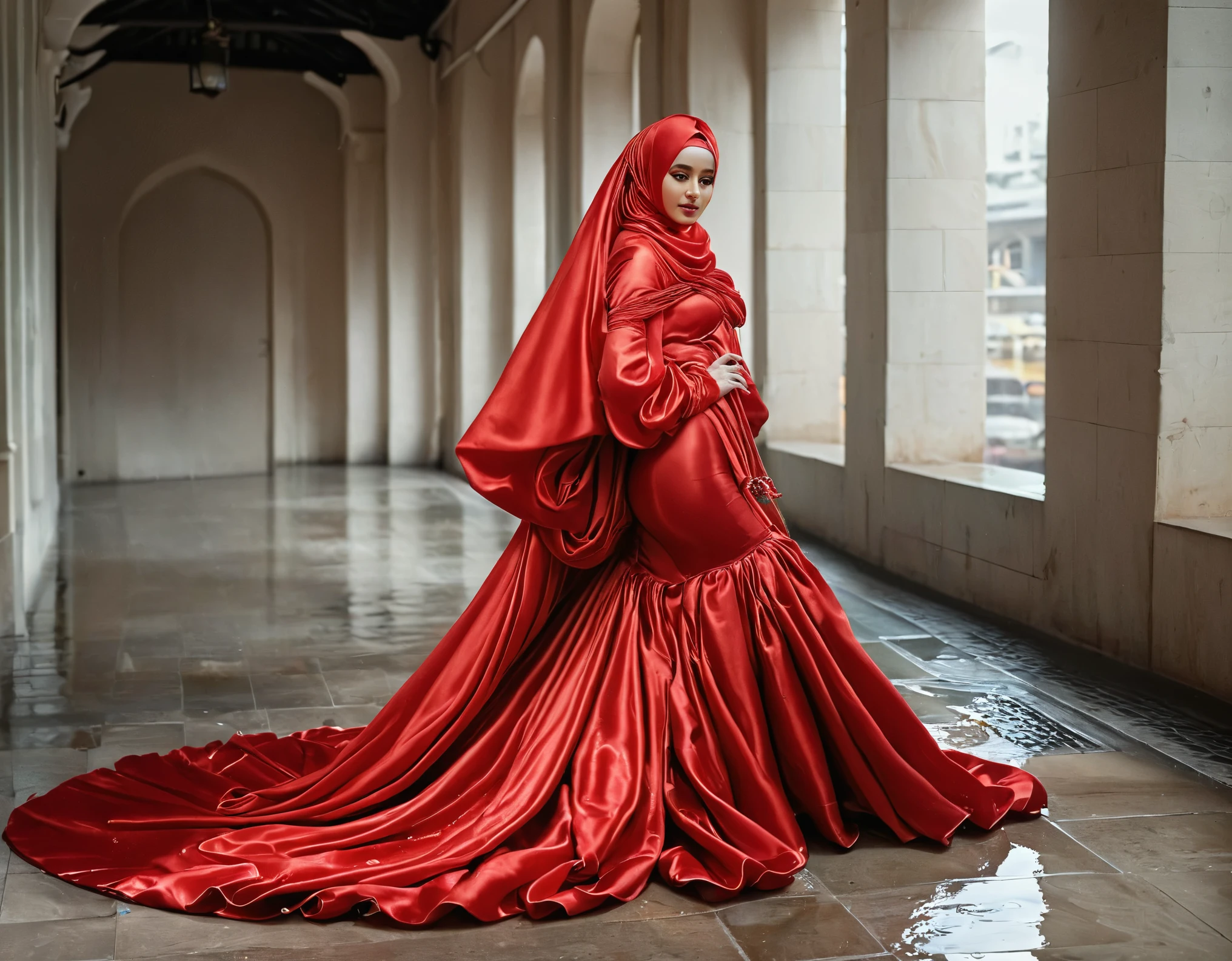 A woman shrouded in a 10-meter-long, plush red satin cloth, ballon sleeves, tightly bound and grandly draping along the form of her body, flowing off into a pooled floor-length train, styled in a mermaid-inspired outfit, her head modestly veiled in a satin hijab, 175 height woman, walk in wet sidewalk, a full-body pose conveying a sense of elegance, captured in a 4k resolution, ultra-realistic