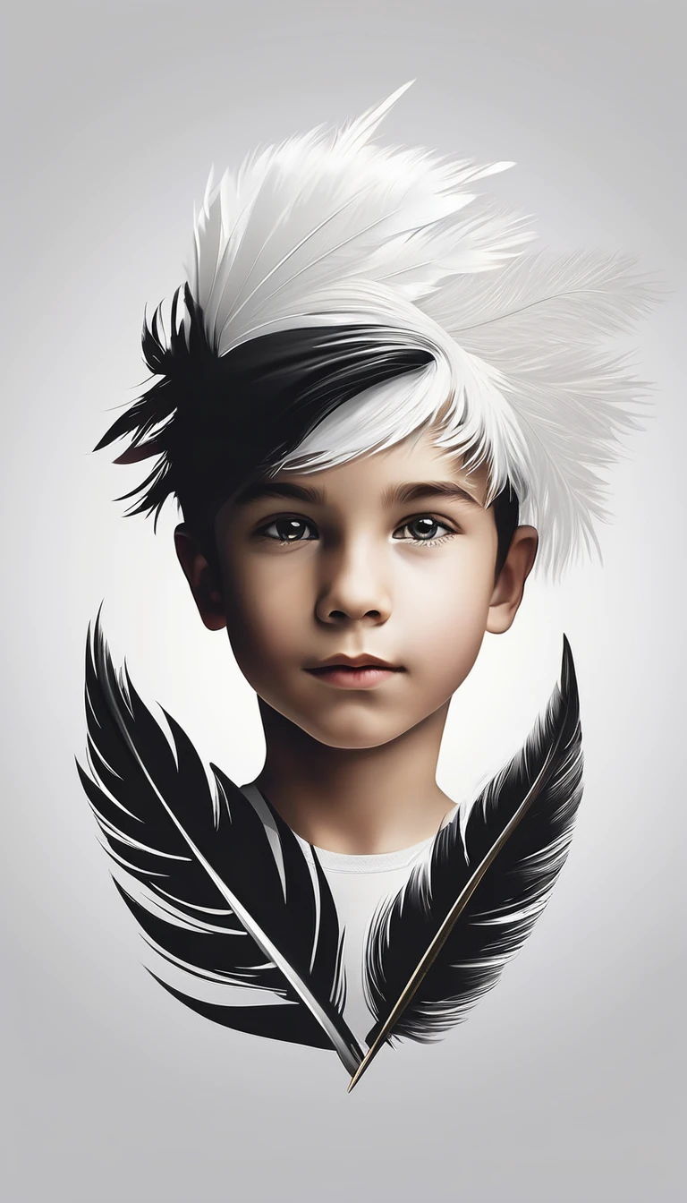 Create a minimal, modern, simple, inspirational, fantastic, poetic, epic, original, memorable, dream like, cinematic logo design of a dreamer boy and a cinematic, memorable white fantastic feather for the brand “Penamemoria". The logo design must convey the artistic, fantastic, epic inspiration of a dreamer boy in a unique, fantasy cinematic white feather.