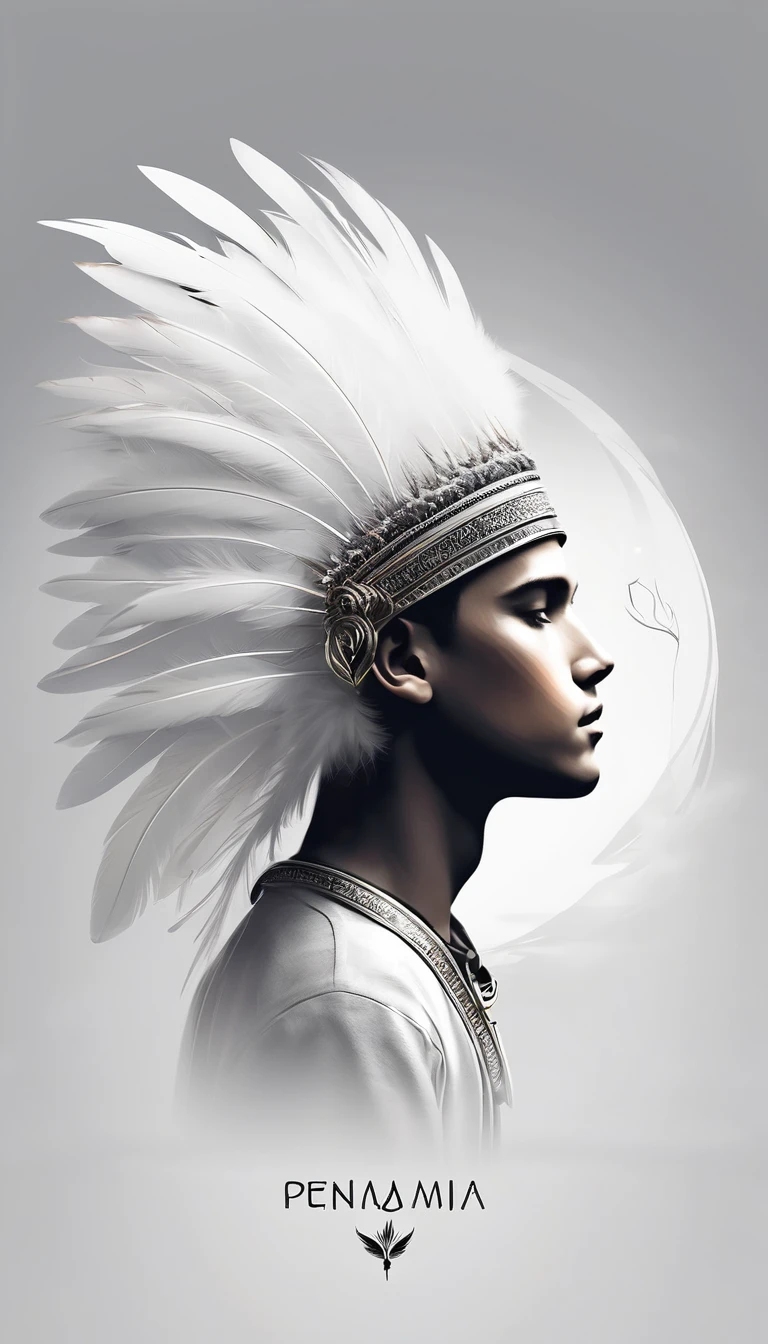 Create a minimal, modern, simple, inspirational, fantastic, poetic, epic, original, memorable, dream like, cinematic logo design of a dreamer boy and a cinematic, memorable white fantastic feather for the brand “Penamemoria". The logo design must convey the artistic, fantastic, epic inspiration of a dreamer boy in a unique, fantasy cinematic white feather.