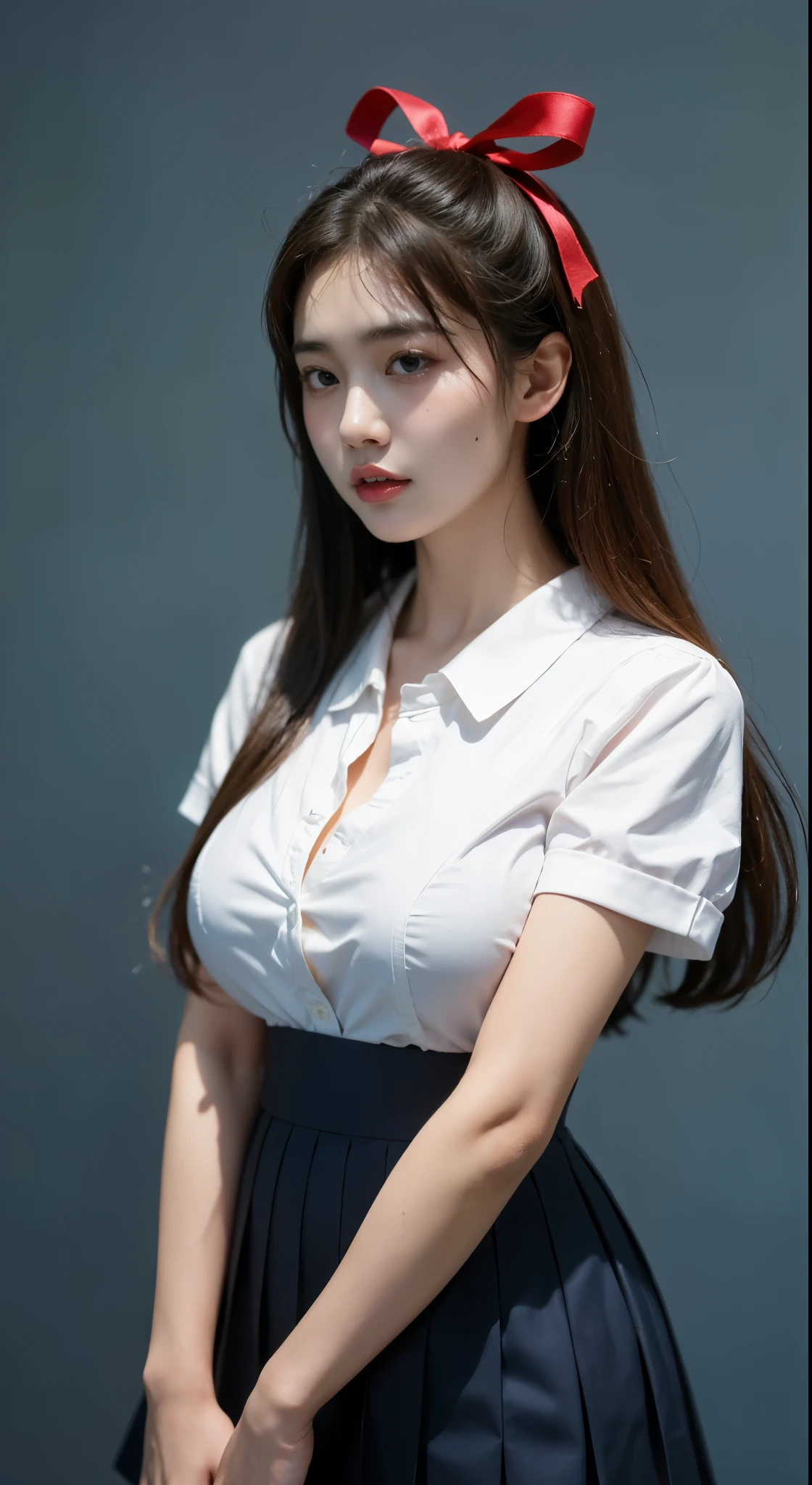 (Highest quality、Tabletop、、Best image quality、Award-winning works)、Very cute school girl、けたWhite polyester collared shirt、Short sleeve:1.4)、(Navy Pleated Skirt:1.1)、Girl portrait photography、Glowing Skin、Brown Hair、Are standing、View your audience、Sculpture Pose、(Deep quagmire background:1.45)、(Large Breasts:1.8)、Accentuate your body lines:1.1)、Very large red ribbon tie、Very long hair:1.75、((The expression on a man's face after he was raped by a group of women:1.95))