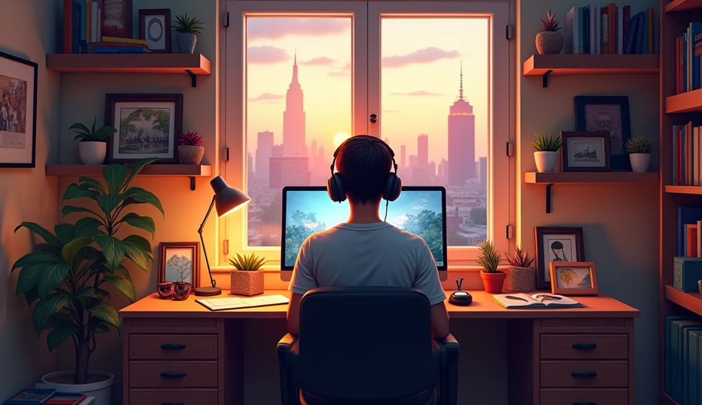 Create an image featuring a character sitting at a desk with headphones on, in a cozy room with warm lighting. The room should have elements such as books, decorations, and a window showing either a cityscape or nature.
