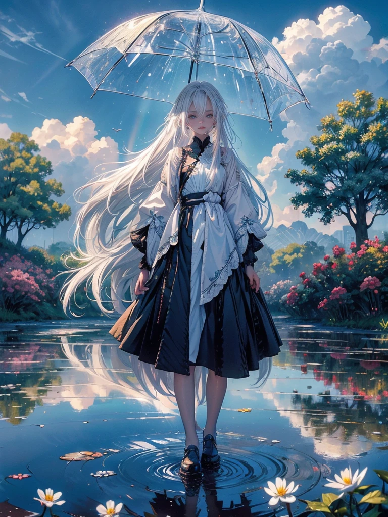 high quality, top quality,high resolution,1girl,solo,cute,white hair and long hair,after the rain, blue sky,rainbow in the sky,in park, puddle,wet flower