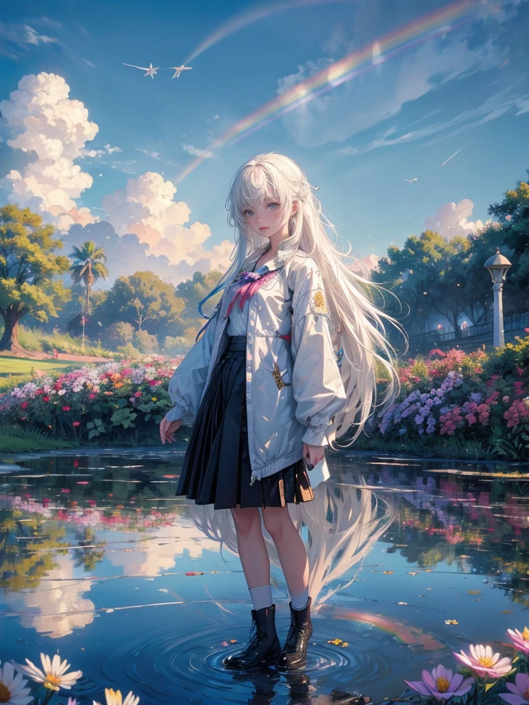high quality, top quality,high resolution,1girl,solo,cute,white hair and long hair,after the rain, blue sky,rainbow in the sky,in park, puddle,wet flower