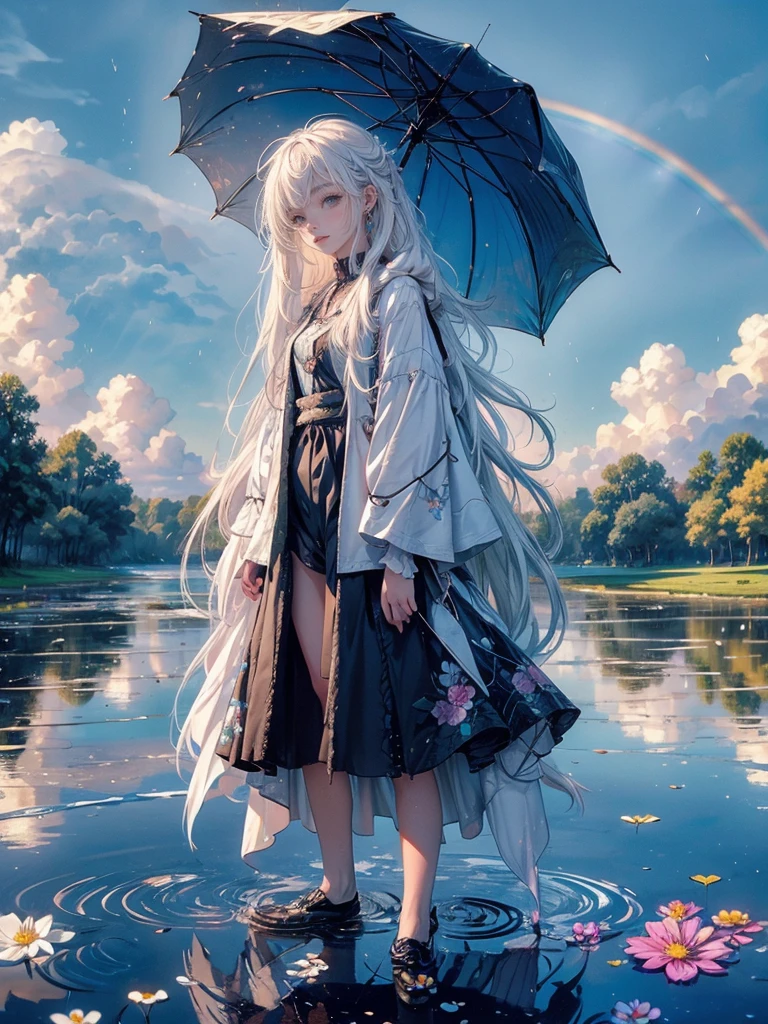 high quality, top quality,high resolution,1girl,solo,cute,white hair and long hair,after the rain, blue sky,rainbow in the sky,in park, puddle,wet flower