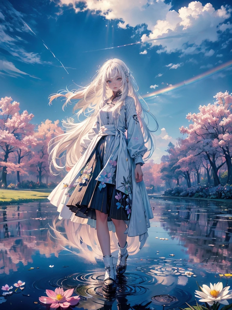 high quality, top quality,high resolution,1girl,solo,cute,white hair and long hair,after the rain, blue sky,rainbow in the sky,in park, puddle,wet flower