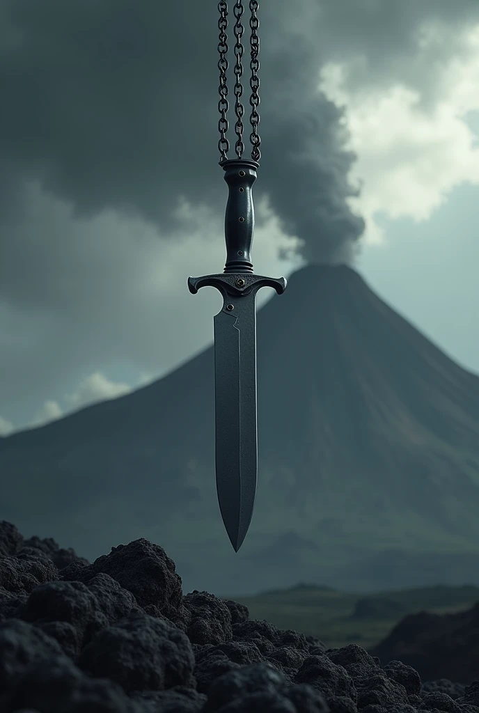 A knife held by chains and like the dark sky with the outline of a volcano 