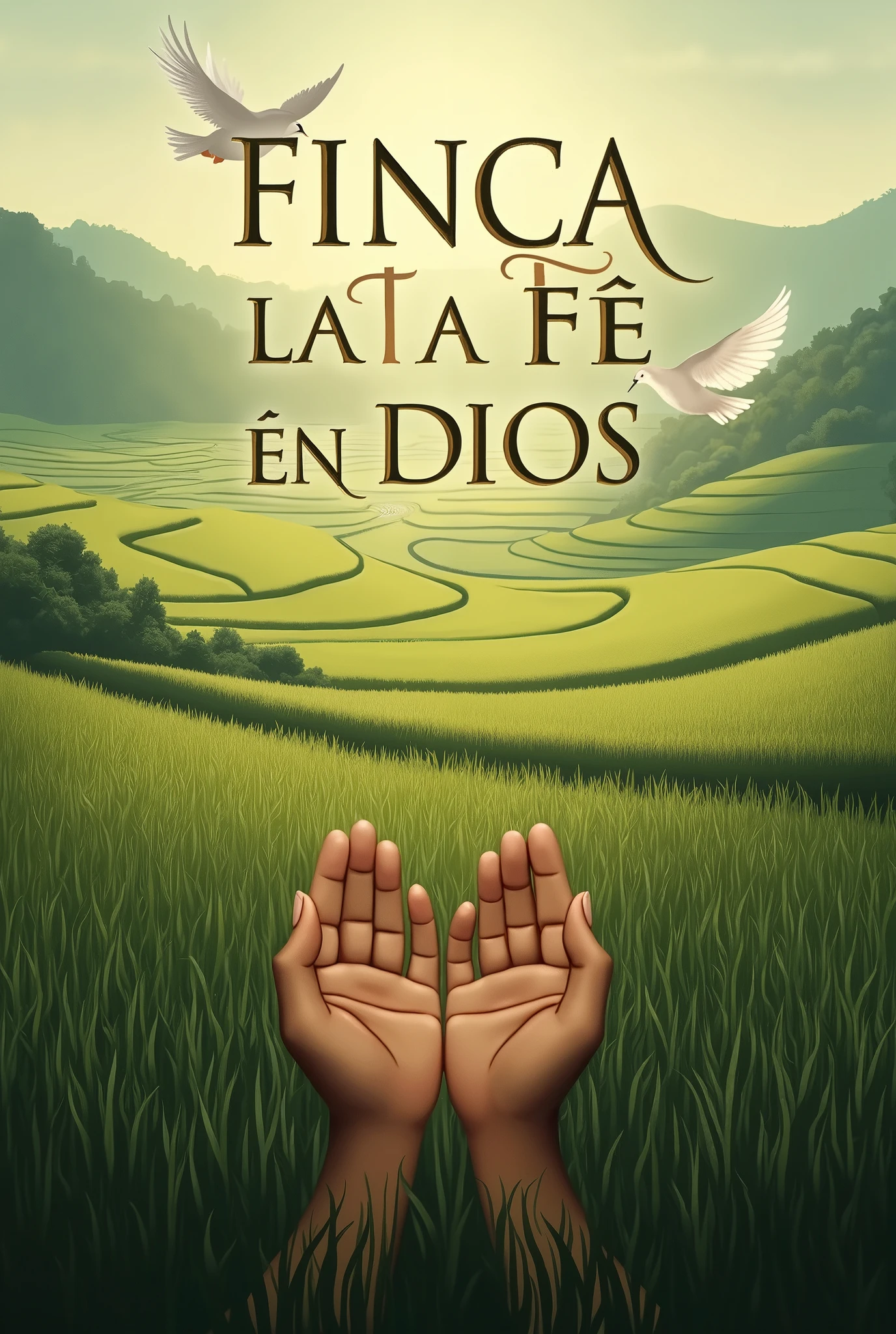 Horizontal background rice cultivation, hands clasped below, the phrase FINCA LA FAITH EN DIOS in capital letters in the center, a dove in the center.