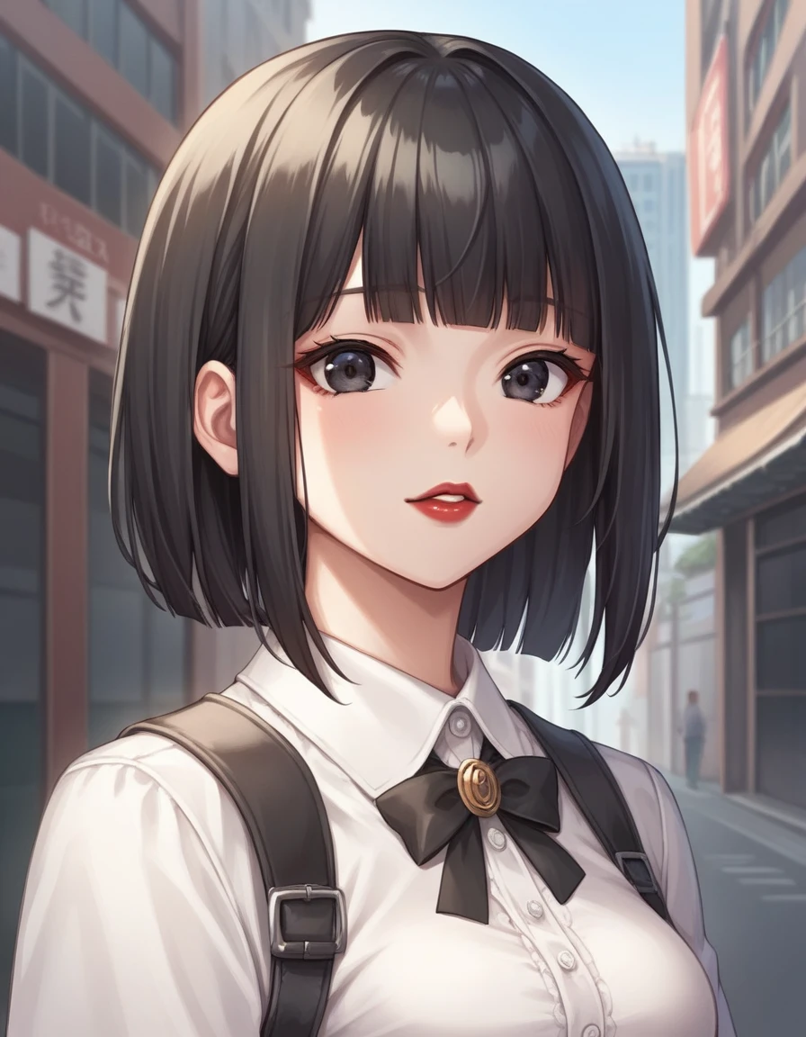 (score_8, score_8_up,source_anime,masterpiece,highest quality,Perfect Anatomy,Exquisite detailed:1.1)1 girl,cute face,Japanese,small eyes,black eyes,black hair,bob cut,blunt bangs,red lips,medium breasts,city