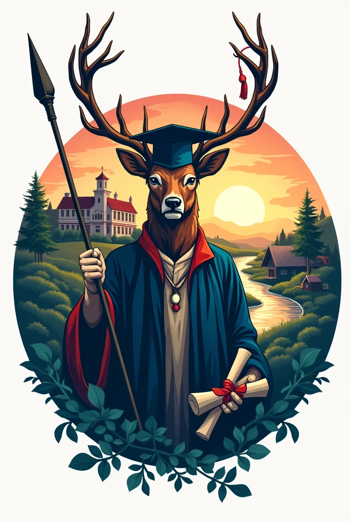 Make a logo that has ,a human with a deer head holding a spear and no clothing , a graduation hat and a diploma and a school in the background and a river and a hut, that the logo is completely circular ,Eye-catching and with beautiful colors to sublimate