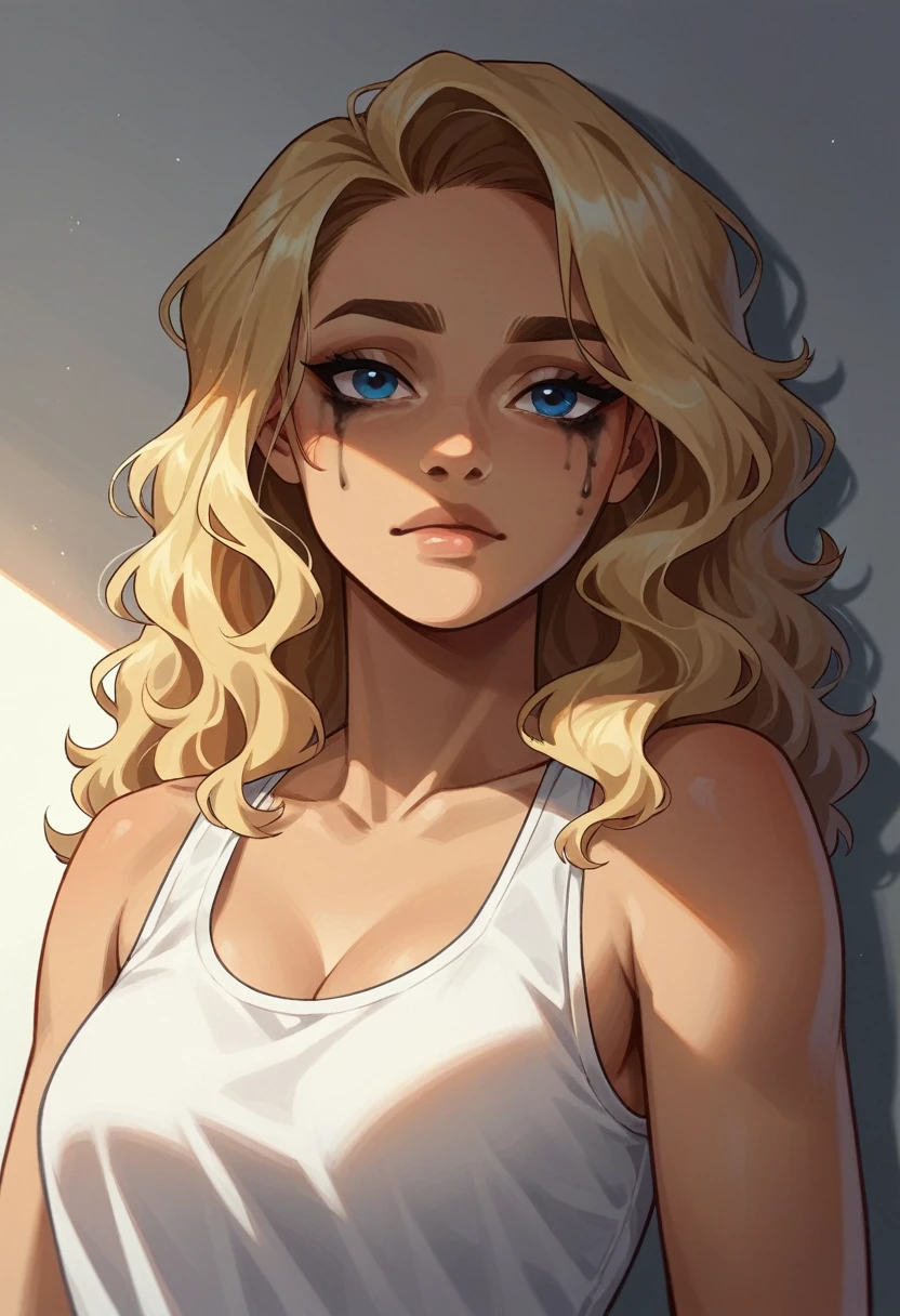 1girl, 18 years, blonde latina, blonde hair, wavy hair, jawline, strong jaw, blue eyes, makeup, wearing copypaste makeup, pleasant bedroom, sunlight, sun shafts