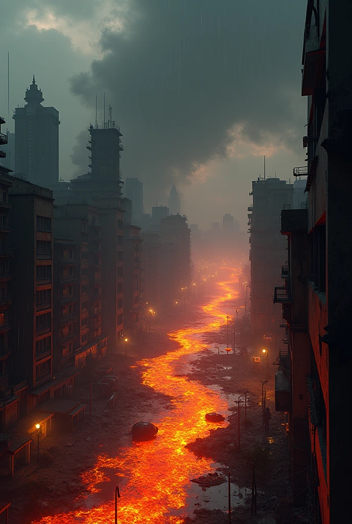Mumbai flooded with lava and its raining , smoky at night, in rainy season