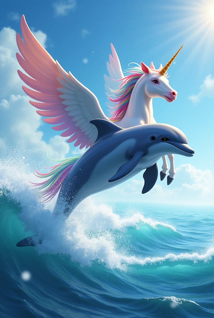 dolphin in the sea jumping and a colorful flying unicorn